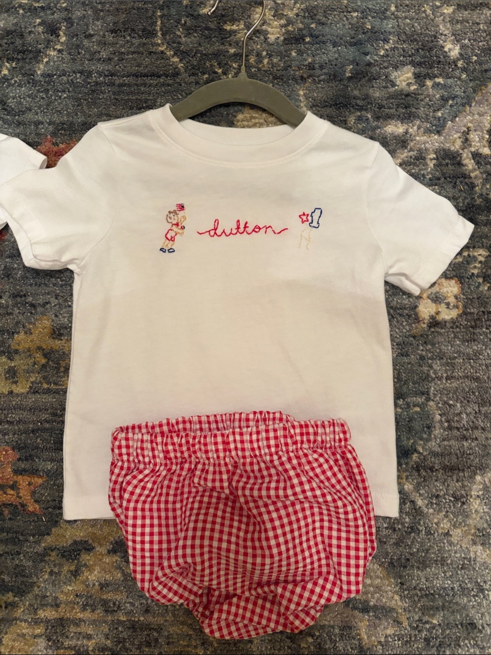 White Embroidered Baby Top with Red Gingham Bloomers